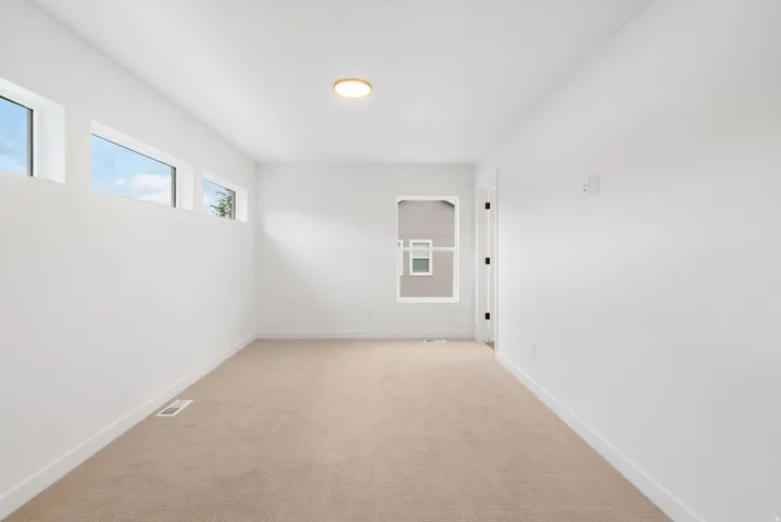 Neutral-toned carpeting, white walls, multiple windows, and a flush-mount ceiling light fixture