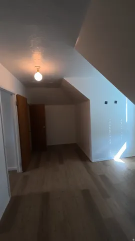 Wood-finish flooring with a ceiling-mounted light fixture and sloped ceiling
