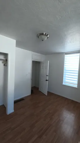 Wood-finish flooring, white walls, flush-mount ceiling light fixture, window with horizontal blinds, built-in closet with hanging rod