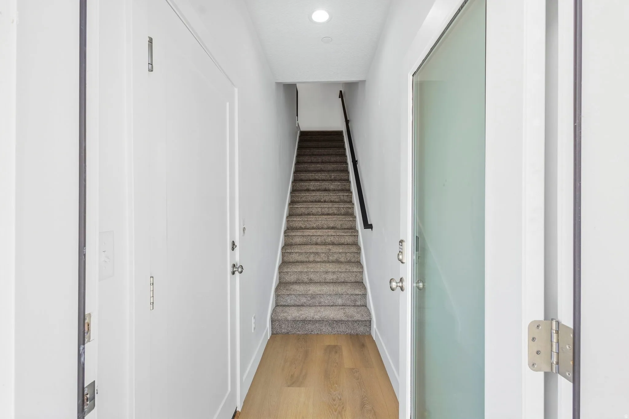 Light-toned wood-finish flooring, white walls, carpeted staircase, black metal handrail, and a frosted glass door