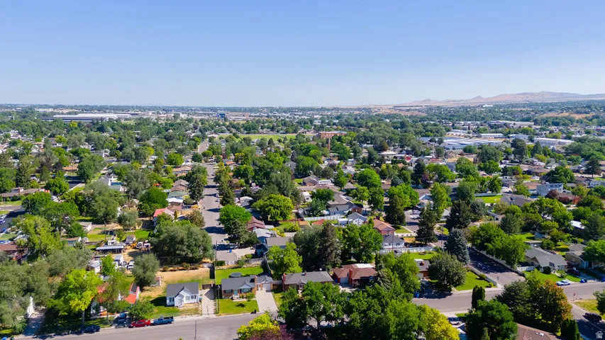 Expansive neighborhood with mature tree canopy and distant mountain range