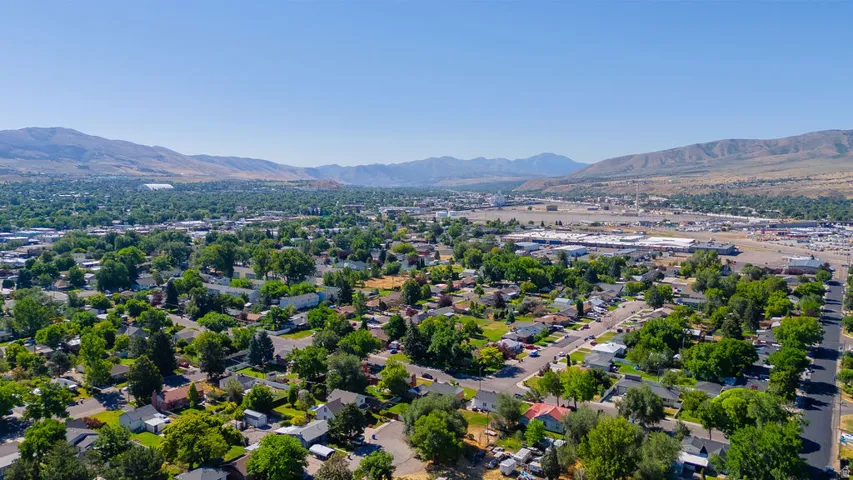 Expansive neighborhood with mature tree coverage and distant mountain ranges