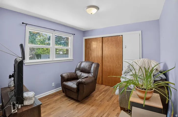 Wood-finish flooring, white trim, sliding closet doors, and overhead lighting