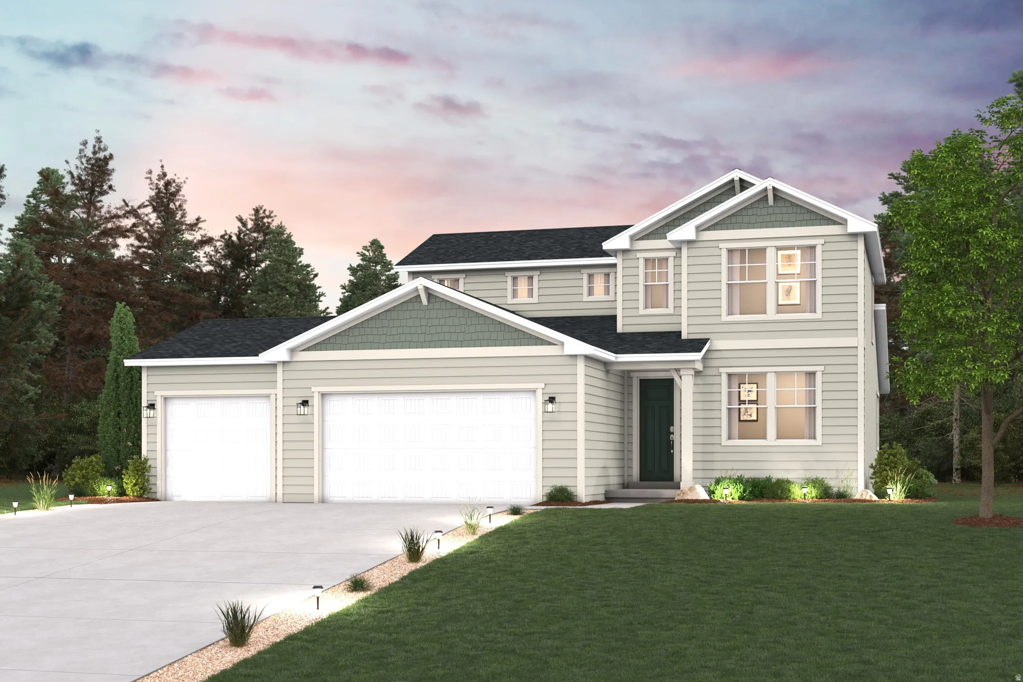 Contemporary exterior with light-toned siding, dark roofing, prominent gables, a covered entry, and an attached multi-car garage