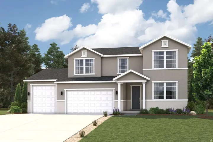 Two-story stucco exterior with white trim
