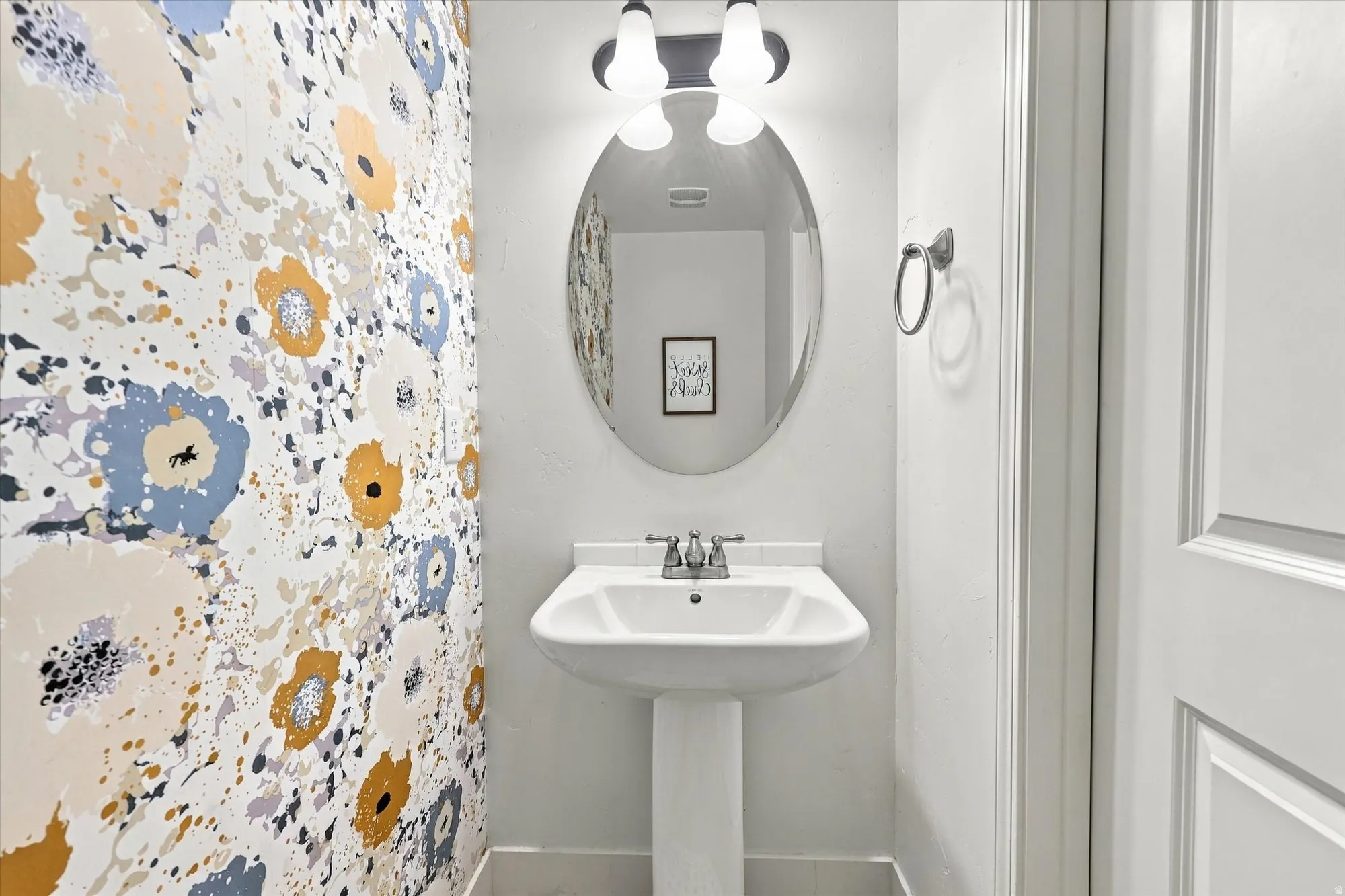 Pedestal sink with chrome fixtures, oval mirror, wall-mounted light fixture, and white paneled door