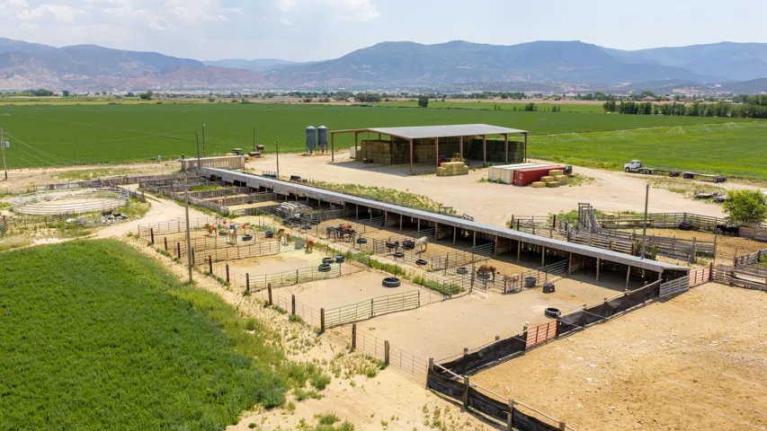 Expansive agricultural property featuring multiple animal enclosures, an open-sided hay barn, and two large silos