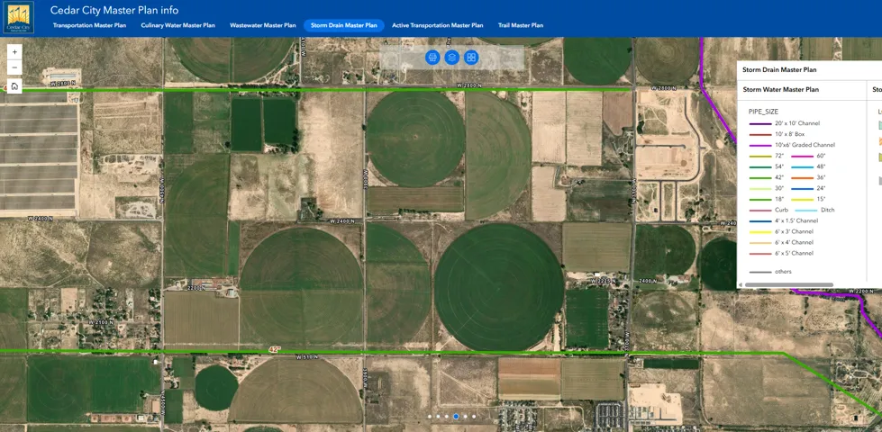 Master Plan Map. Displaying the Storm Drain Master Plan for the property with a legend for pipe sizes