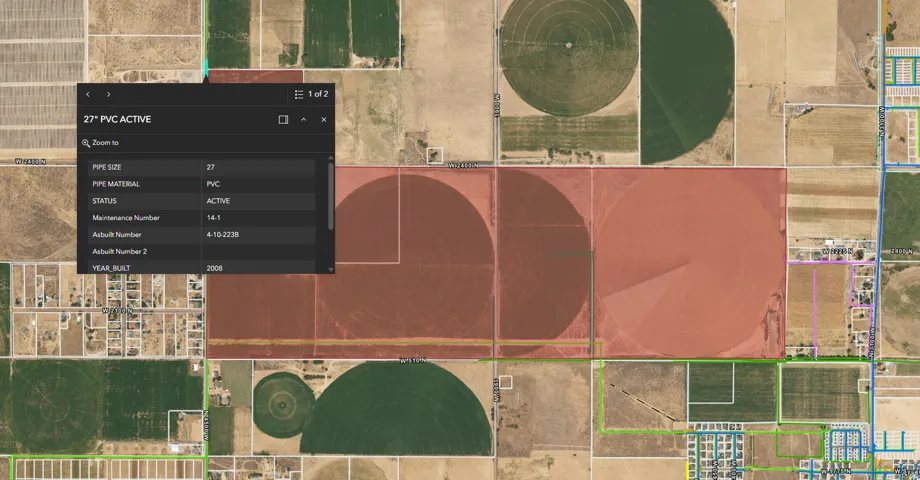 Geographic Information System data display. Detailing property infrastructure information, including pipe specifications and maintenance details