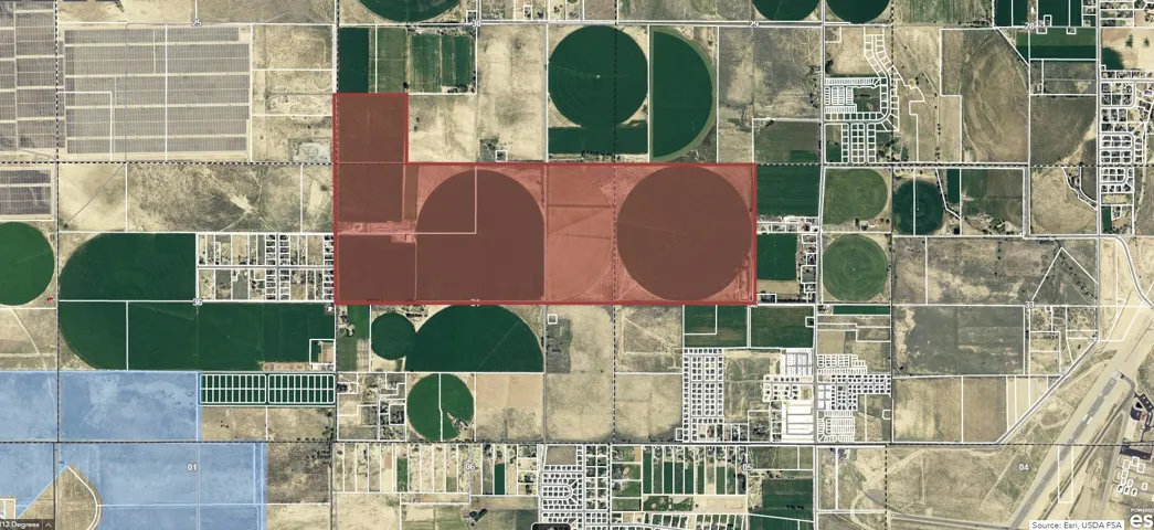 Aerial Map. Depicting land parcels and agricultural fields, with a highlighted area indicating the property