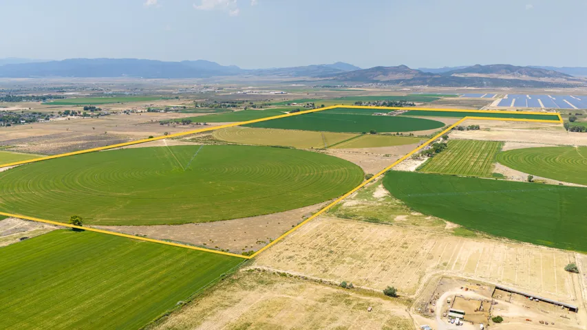 Expansive agricultural land featuring multiple irrigated fields with circular patterns