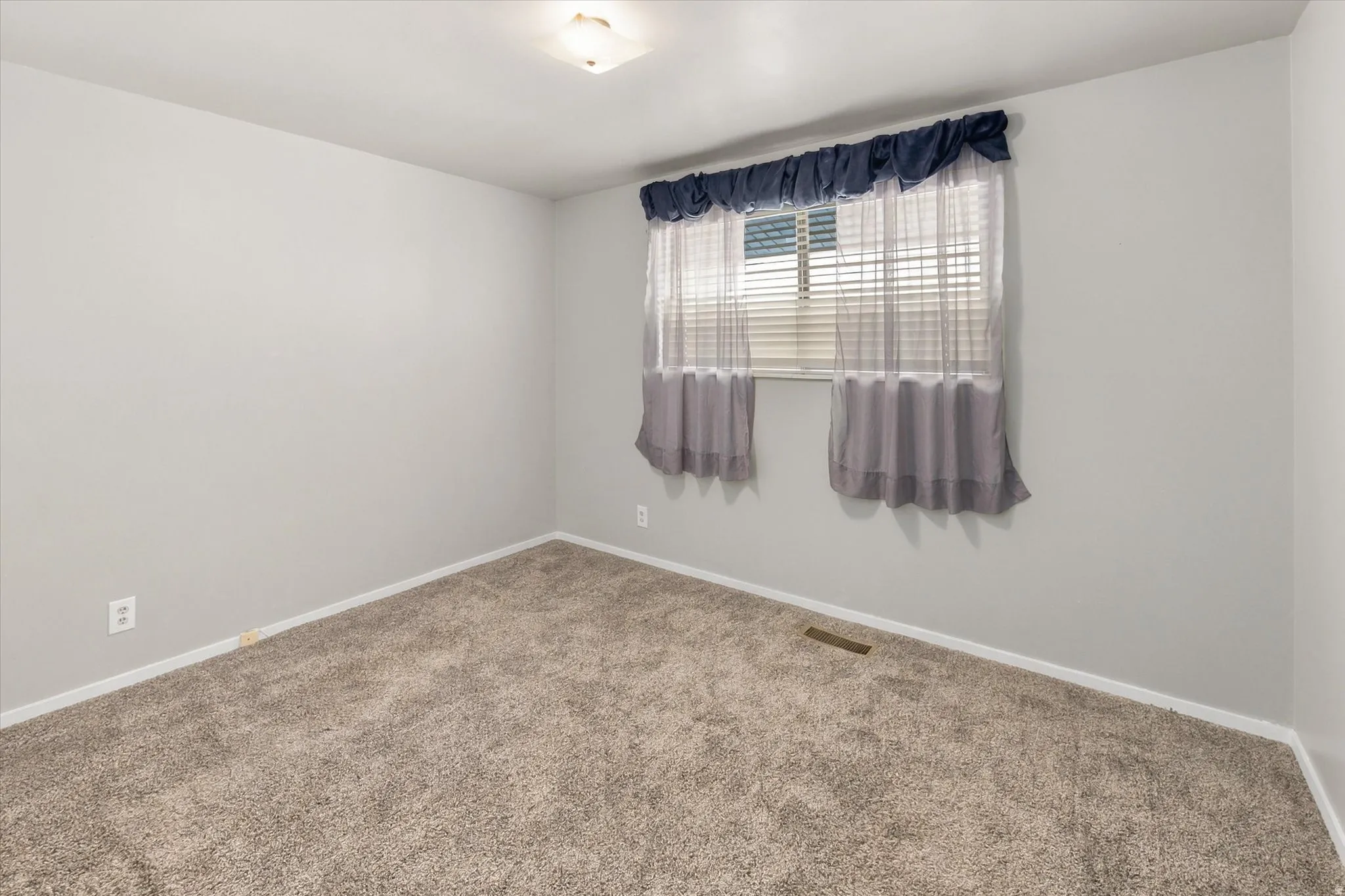 Neutral wall paint, plush carpet, and a flush-mount ceiling light