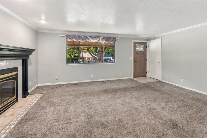 Fireplace with tile surround, carpeted flooring, white crown molding, light gray wall paint, and a wood-paneled entry door with frosted glass detailing