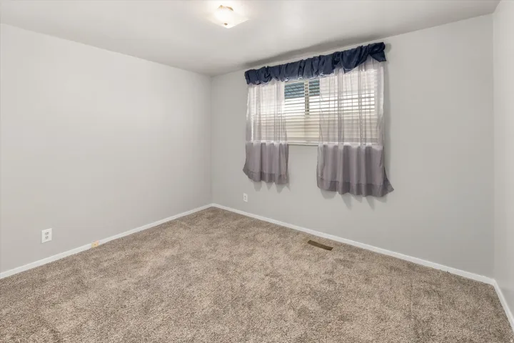 Neutral wall paint, plush carpet, and a flush-mount ceiling light