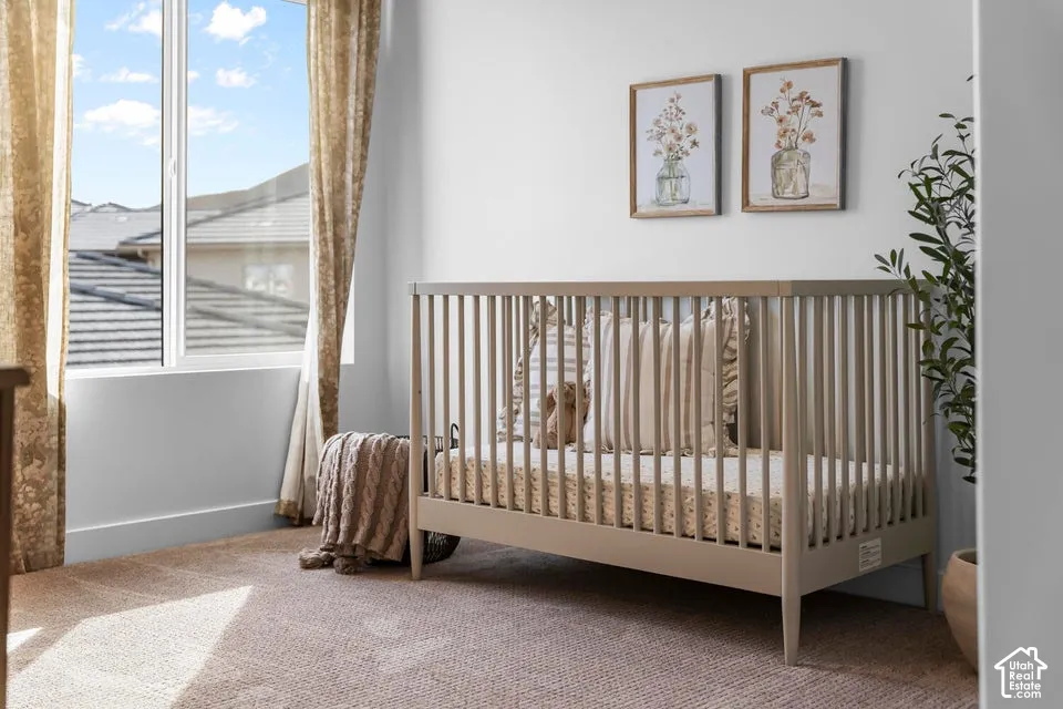 Wall-to-wall carpeting, expansive window, and neutral wall tones