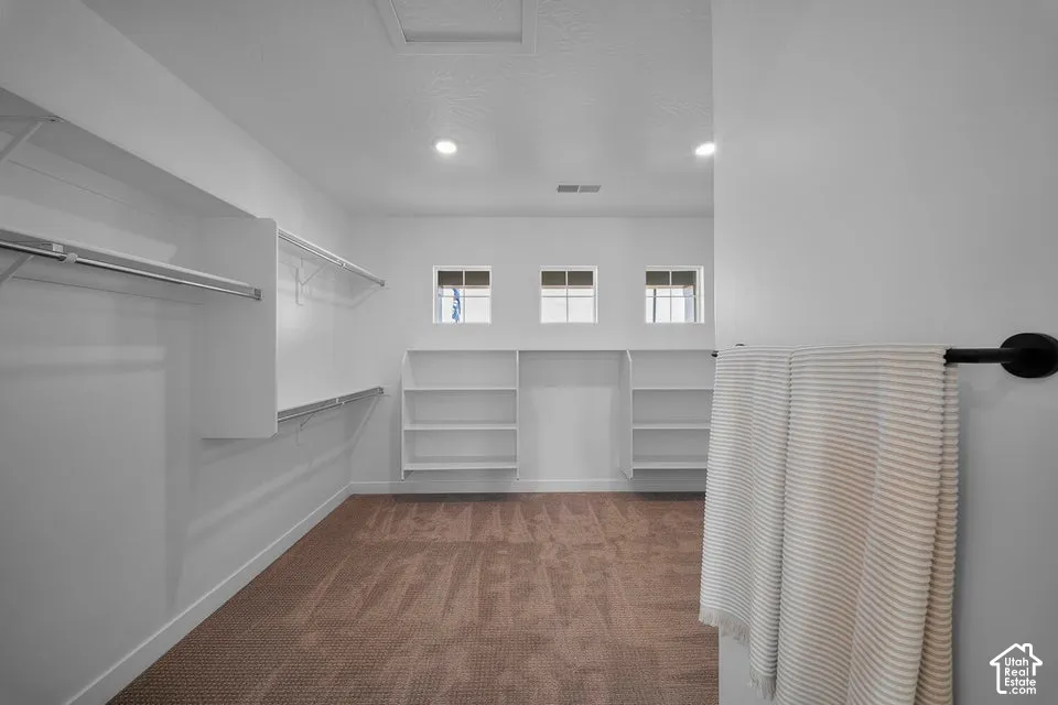 Spacious walk-in closet featuring carpet flooring, recessed lighting, and multiple built-in shelving units