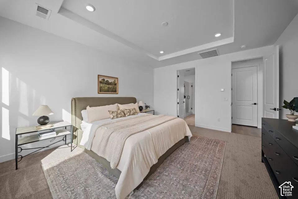 Recessed ceiling lighting, tray ceiling, carpeted flooring, and white interior doors with dark hardware