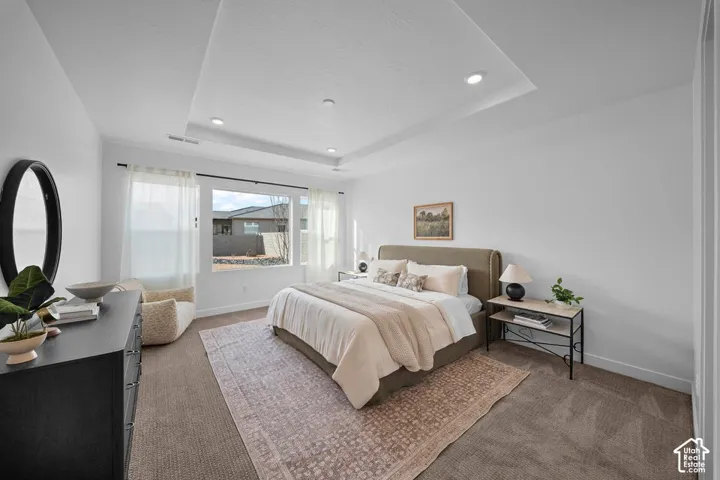 Recessed lighting, tray ceiling, large windows, and carpet flooring