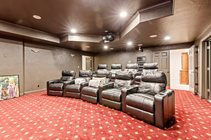 Recessed lighting illuminates the space, featuring a mounted projector and a red patterned carpet