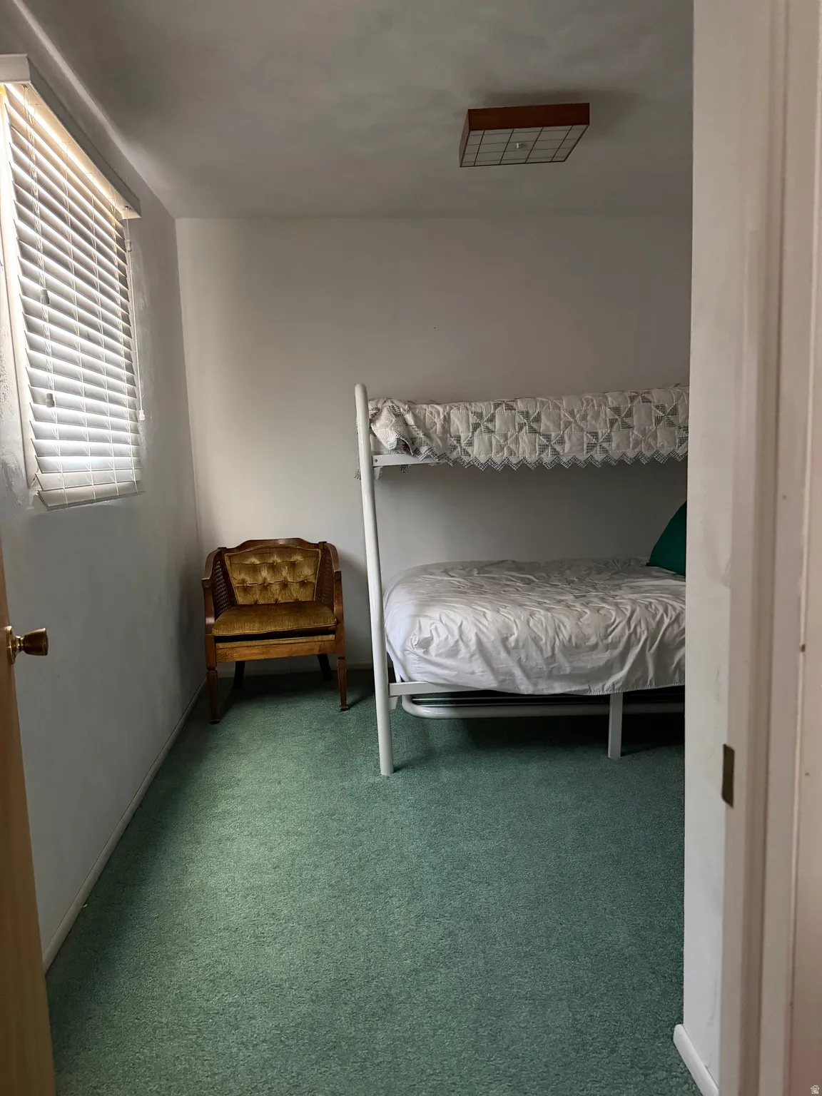 Green carpeted flooring with a window featuring horizontal blinds