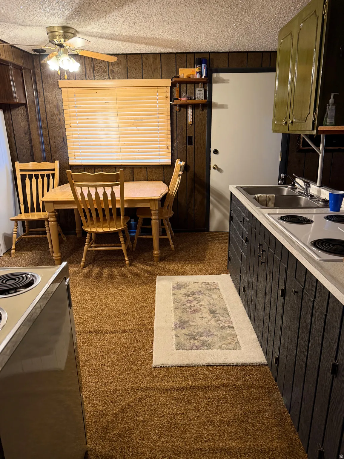 Kitchen featuring wood paneling, a ceiling fan, a window with blinds, a built-in double sink, and a countertop stove