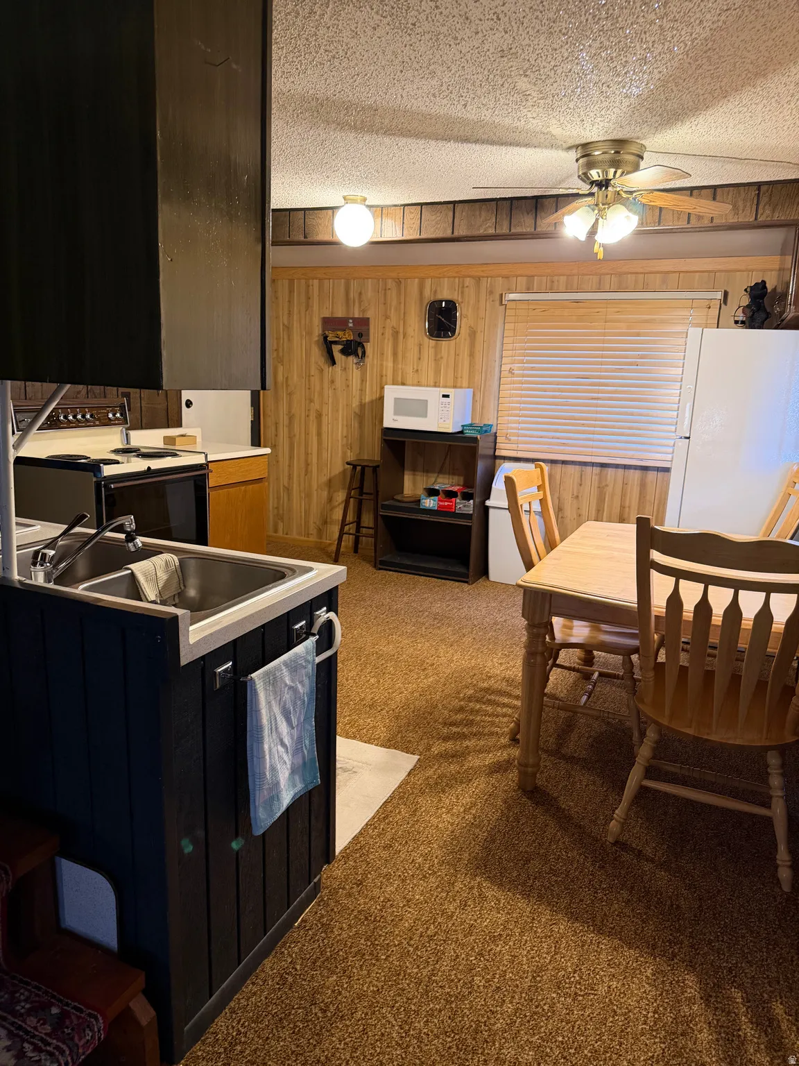 Kitchenette featuring wood-paneled walls and a ceiling fan