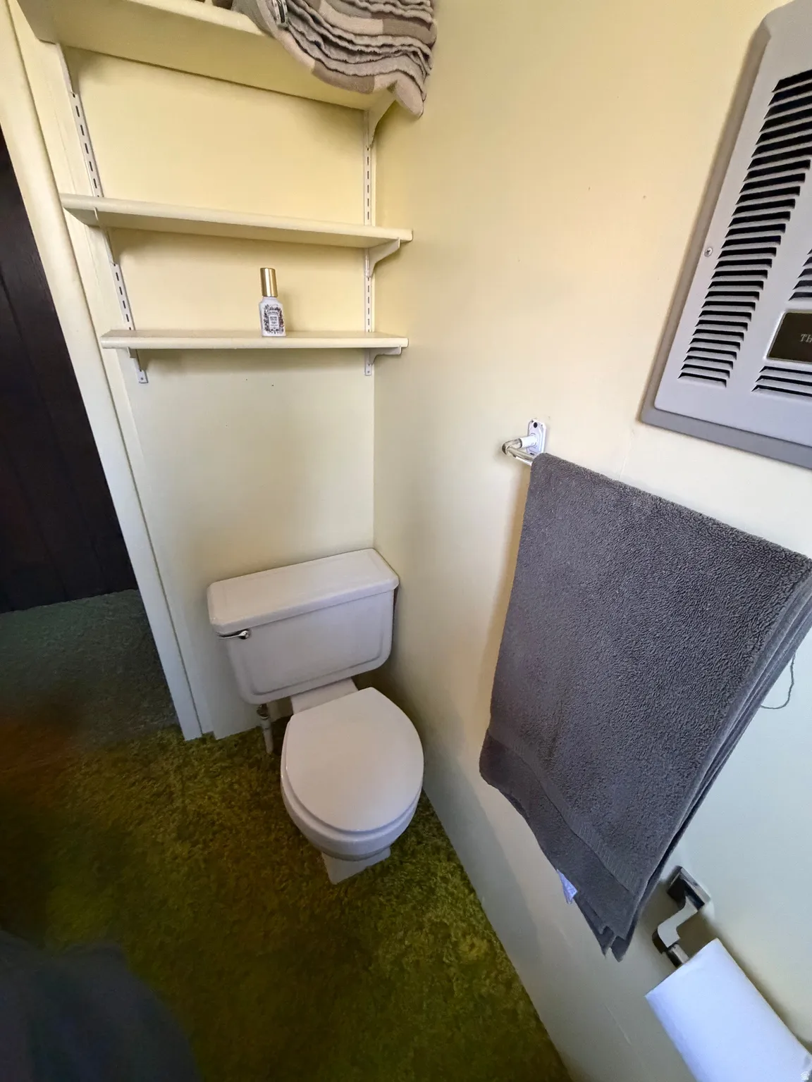 Wall-mounted shelving units, white toilet, and carpet flooring