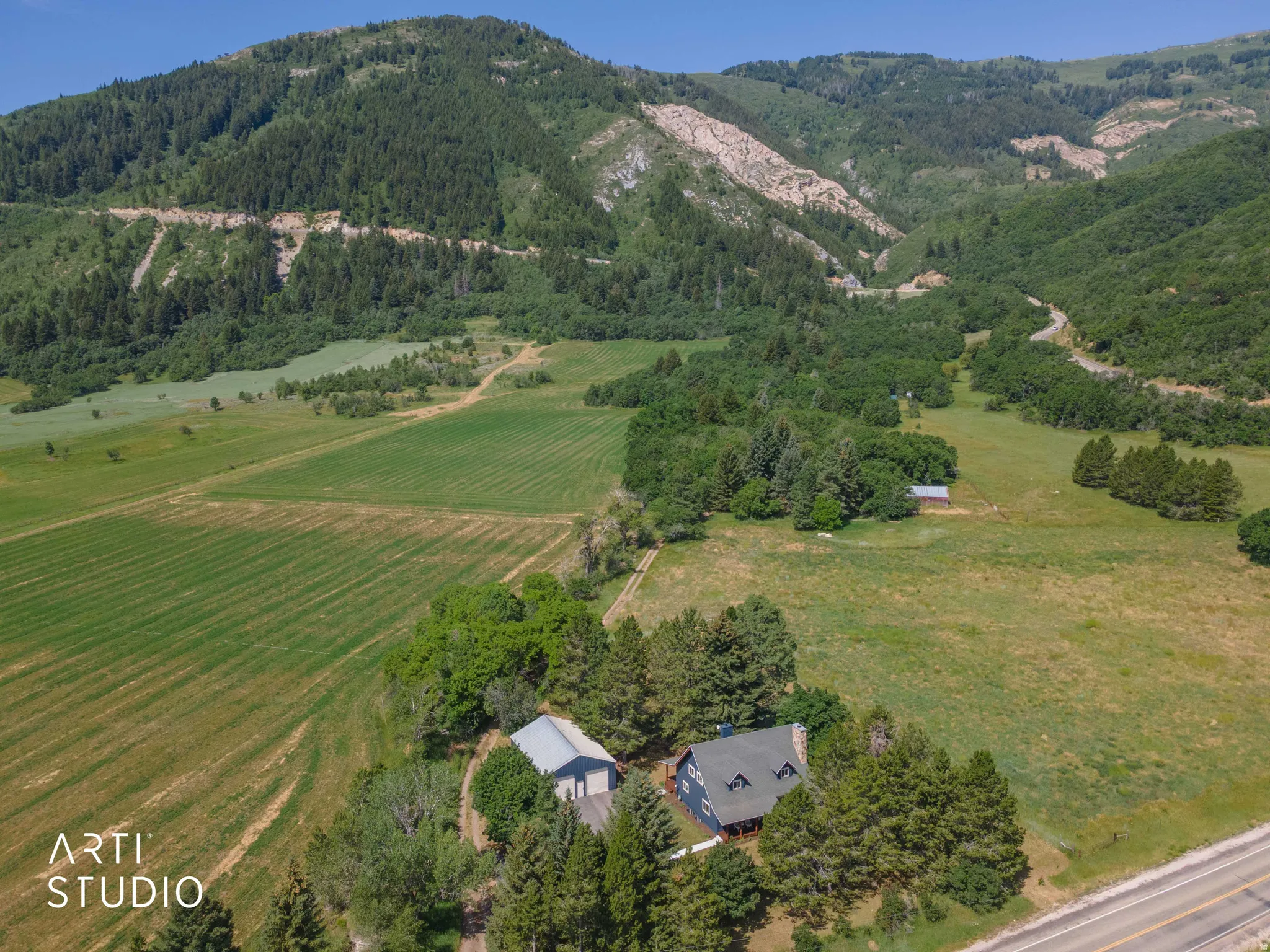 Expansive green landscape with mature trees and a residential structure