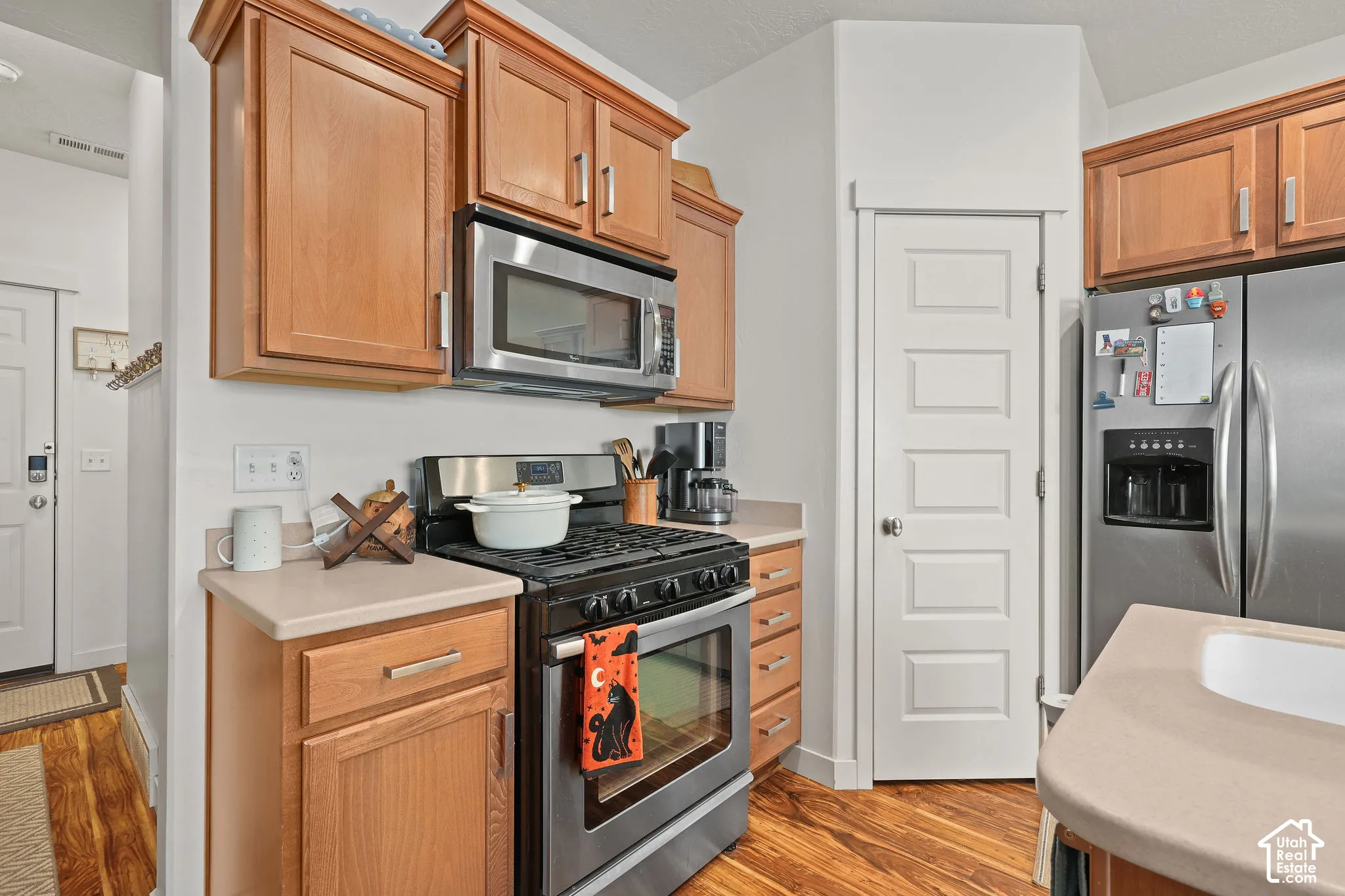 Wood-finish flooring, wood cabinetry with brushed nickel hardware, stainless steel appliances, and light-toned countertops