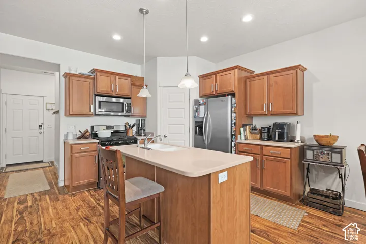 Kitchen featuring wood-finish flooring, recessed lighting, wood cabinetry, and stainless steel appliances