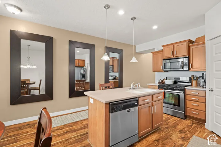 Kitchen with wood-finish flooring, light wood cabinetry, stainless steel appliances, and a central island with a sink and dishwasher