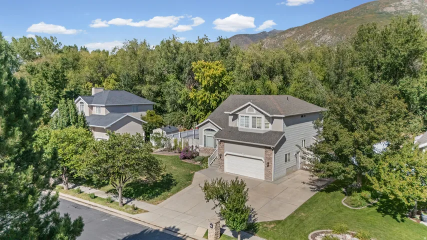 Two-story residence with a two-car garage, concrete driveway, and mature landscaping