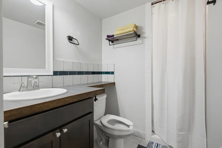 Vanity with an integrated sink, dark wood-finish countertop, and dark cabinetry