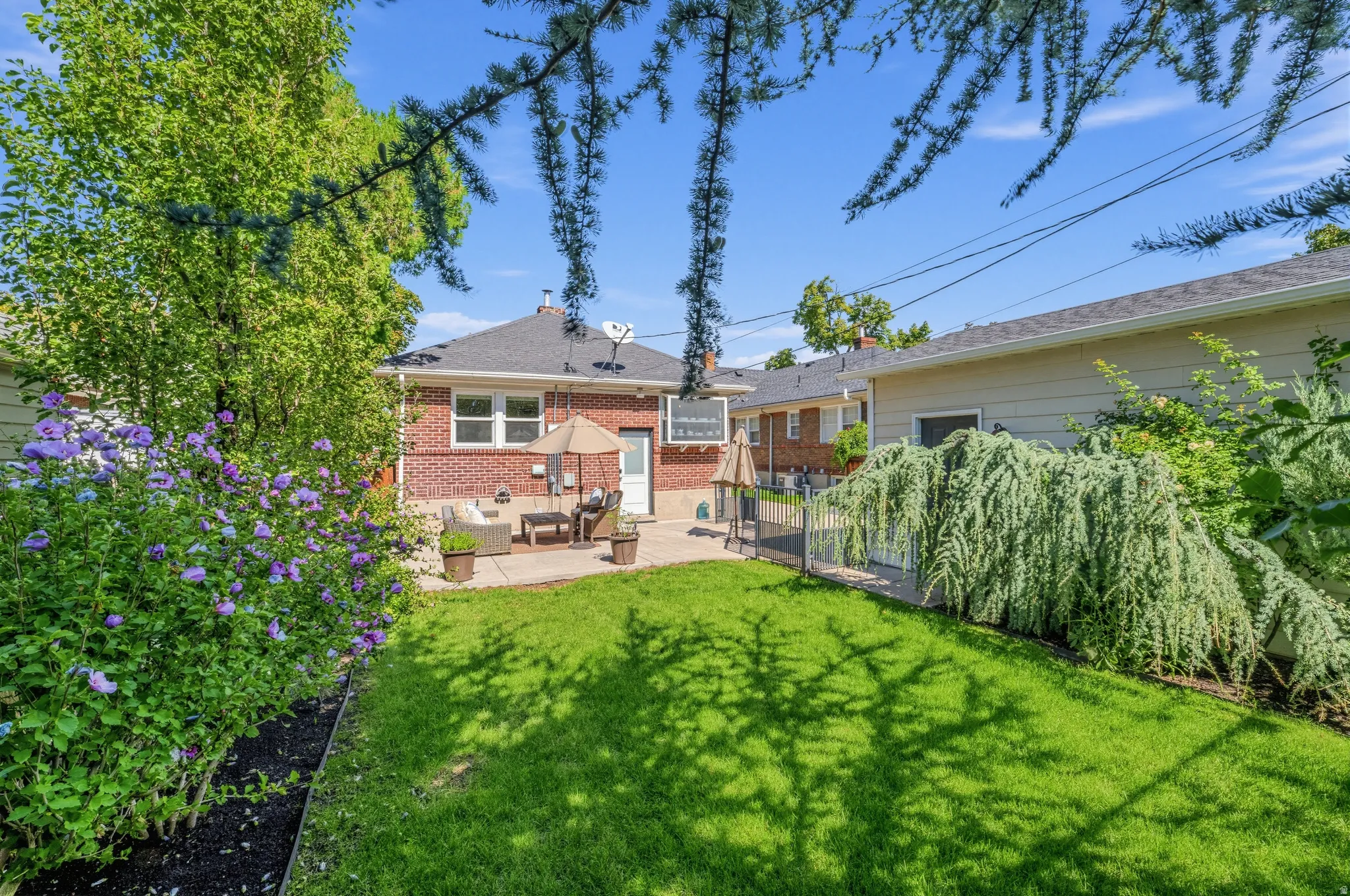 Expansive backyard featuring a manicured lawn, established landscaping, and a paver patio