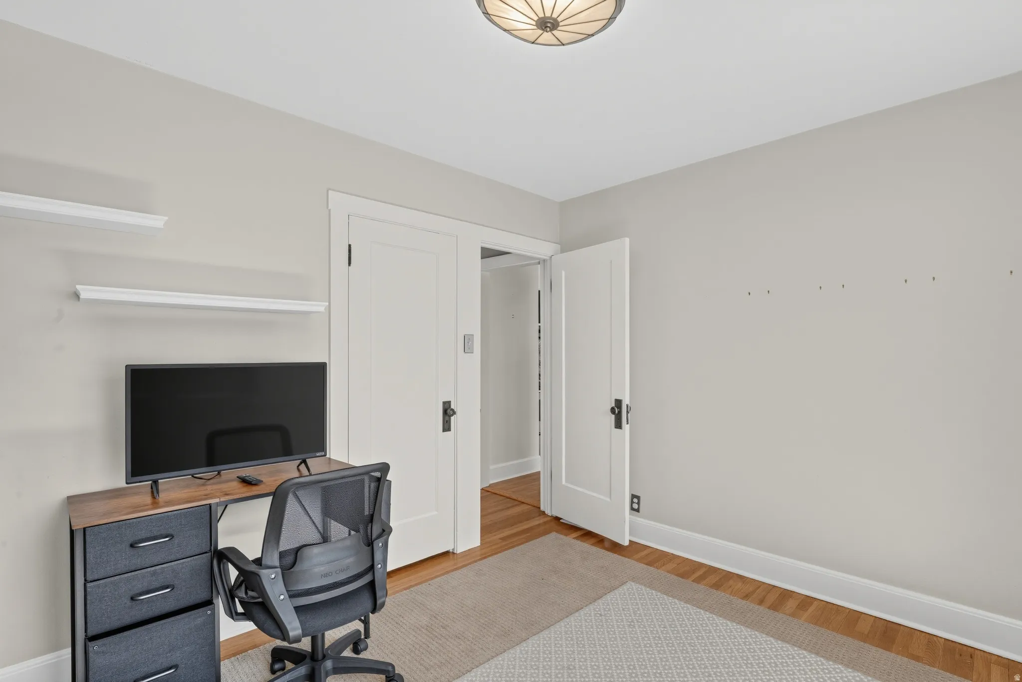 Hardwood flooring, painted trim, white solid-core doors, and an overhead flush-mount light fixture