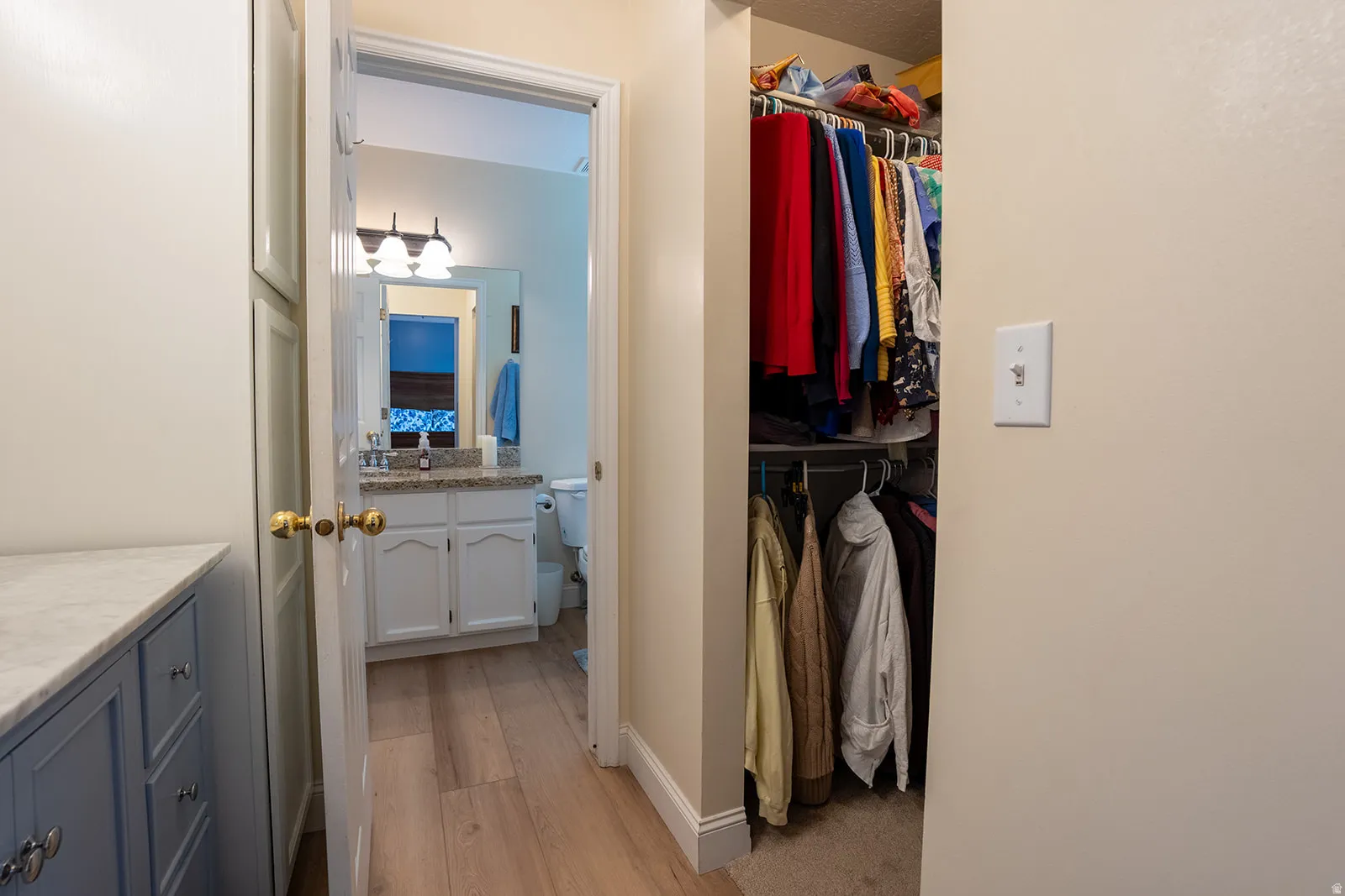 Built-in cabinetry, wood-finish flooring, white paneled door, three-light vanity fixture, and a stone countertop