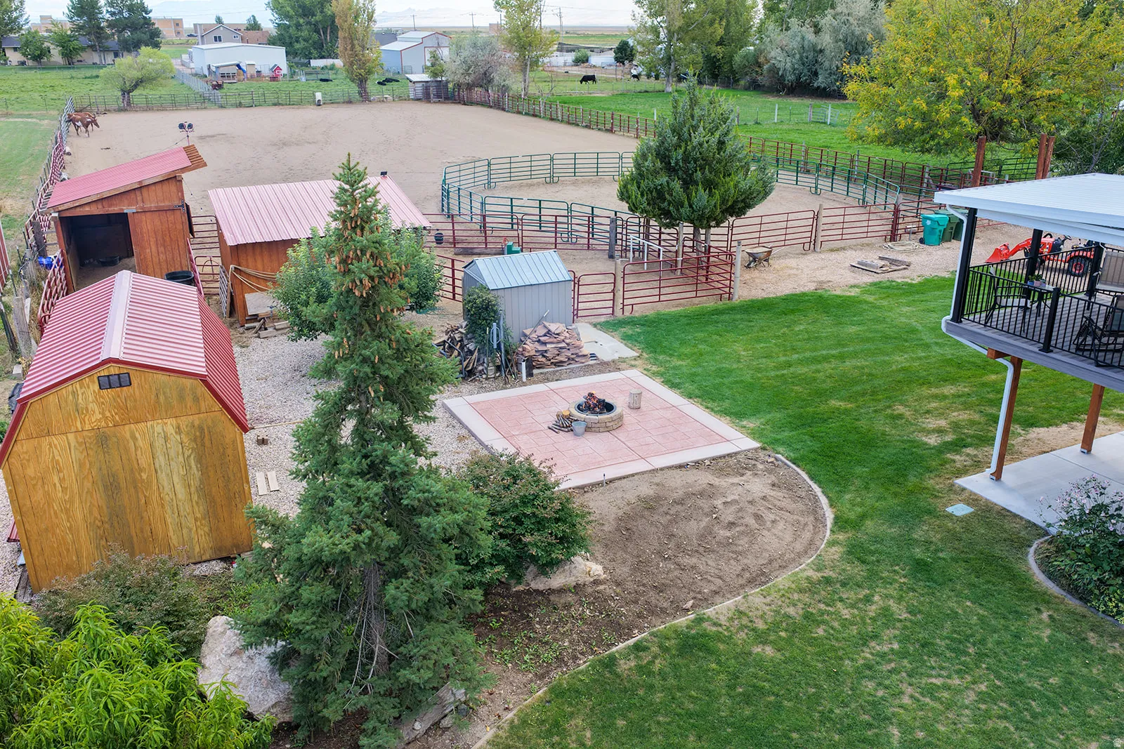 Expansive outdoor area featuring a patio with a fire pit, a manicured lawn, multiple fenced enclosures, and two wood-sided outbuildings with red metal roofs