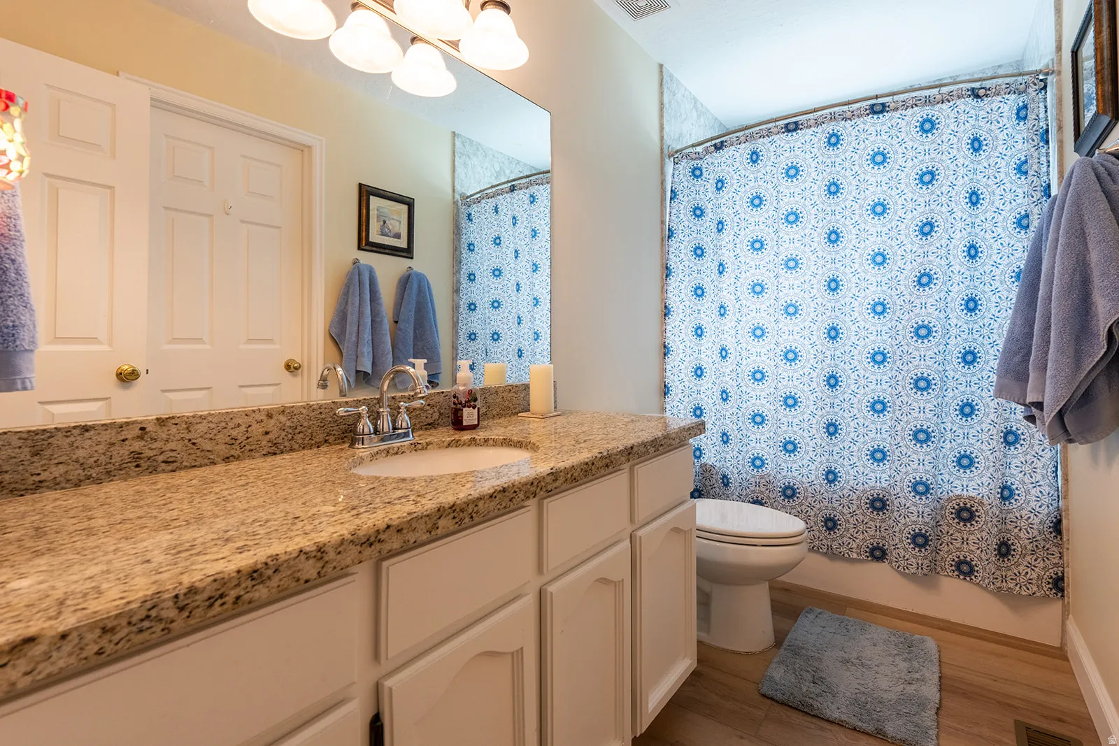 Granite-finish countertop with an integrated sink, white cabinetry, and wood-finish flooring