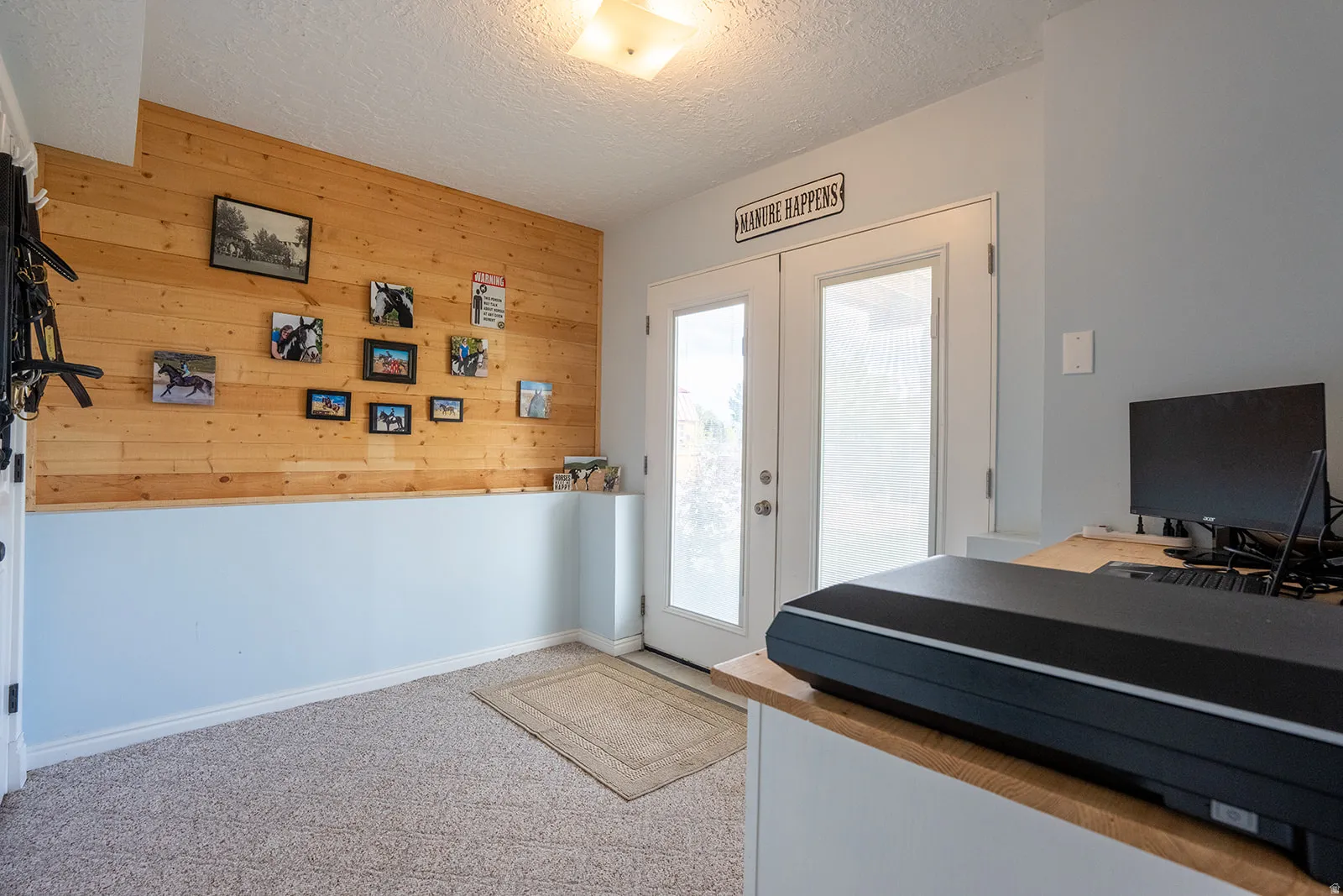 Textured wood accent wall, dual glass-paneled doors, neutral carpeting, flush-mounted ceiling light fixture, and light-toned wall paint