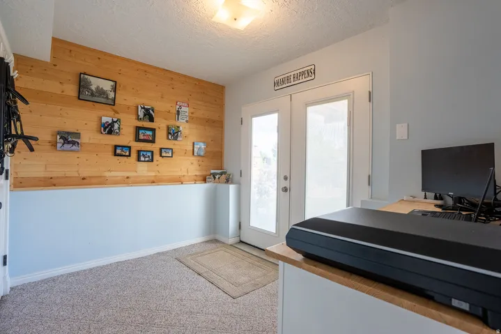 Textured wood accent wall, dual glass-paneled doors, neutral carpeting, flush-mounted ceiling light fixture, and light-toned wall paint