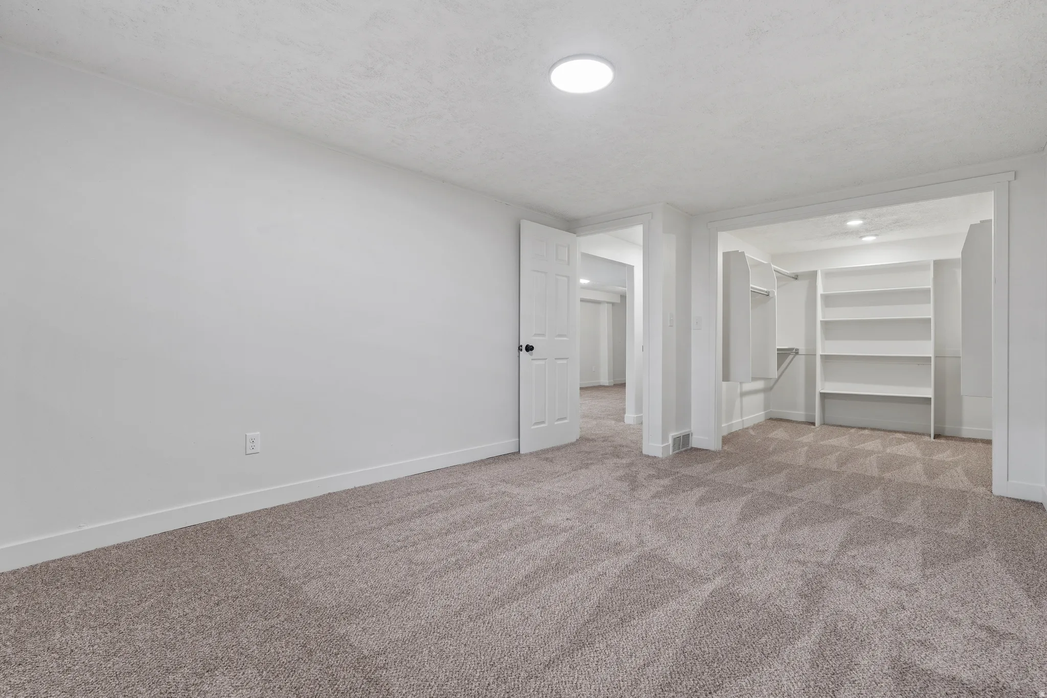 Recessed lighting, flush-mount lighting, carpet flooring, built-in shelving, and a paneled interior door