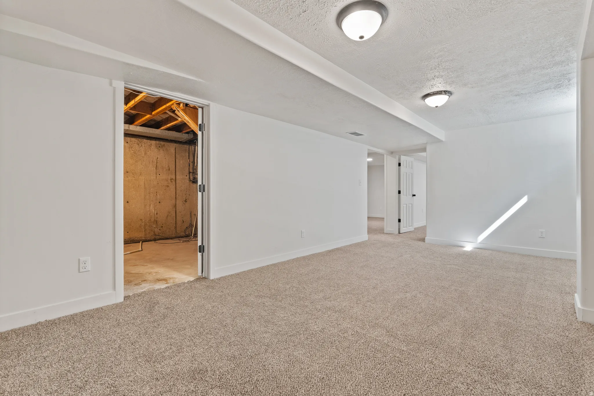 Neutral-toned wall-to-wall carpeting, white painted walls, and ceiling-mounted dome light fixtures