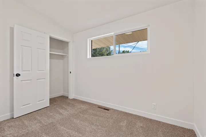 Plush carpet flooring, white walls, white trim, and a window providing natural light