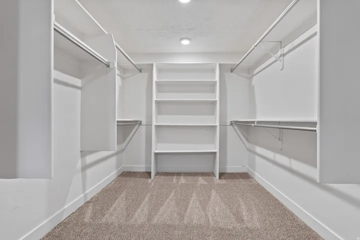 Built-in shelving, multiple hanging rods, recessed lighting, and carpet flooring