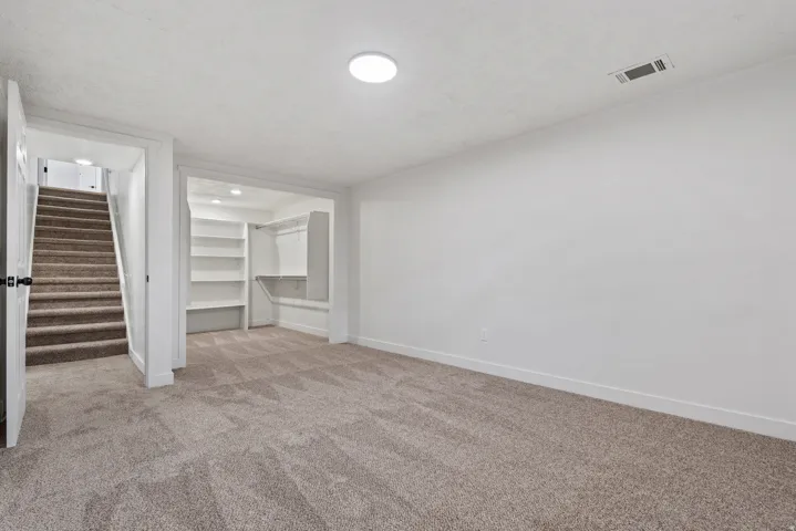 Carpeted flooring, white walls, built-in shelving, recessed lighting, and a circular ceiling light fixture