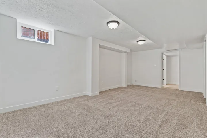 Spacious room featuring neutral carpeting, recessed wall niche, and flush mount ceiling lights
