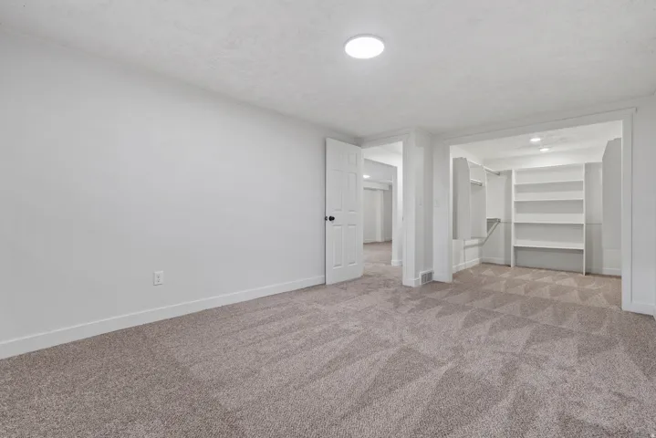 Recessed lighting, flush-mount lighting, carpet flooring, built-in shelving, and a paneled interior door