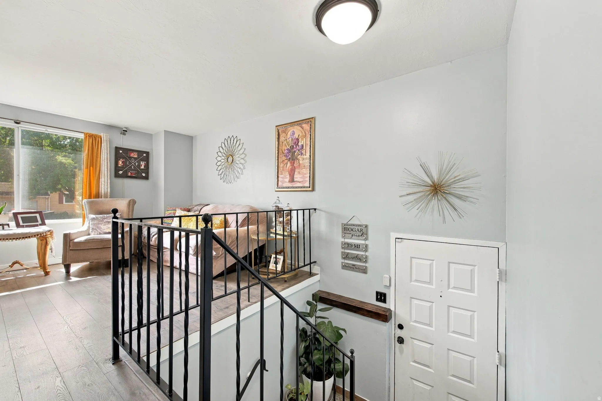 Wood-finish flooring throughout, with a white paneled entry door and a fixed overhead light fixture