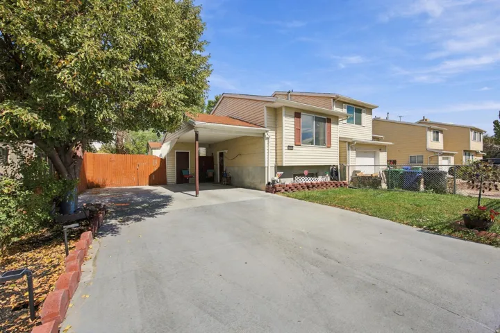 Expansive concrete driveway, attached carport, mature trees, wood privacy fencing, and a partial front lawn