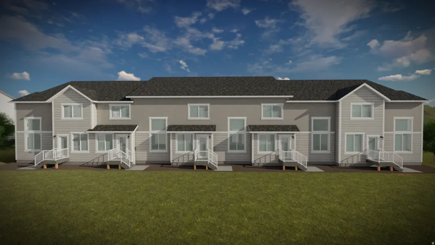 Multi-unit structure featuring a gabled roofline, multiple entryways with covered porches, and white-trimmed windows